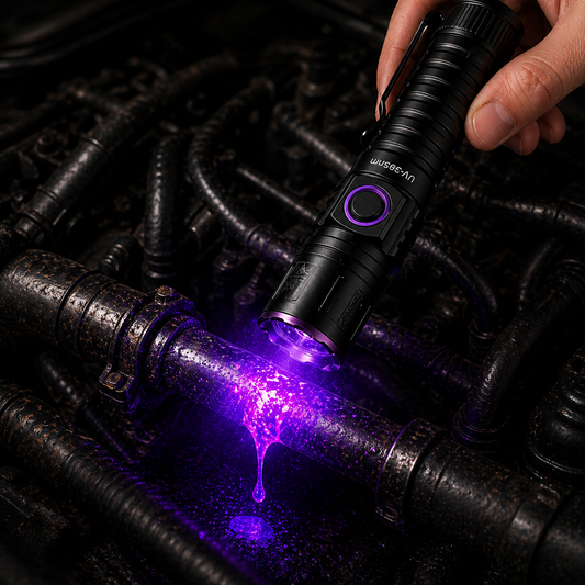 Linterna UV 365nm para detectar fugas invisibles en coche (aceite, refrigerante y A/C)
