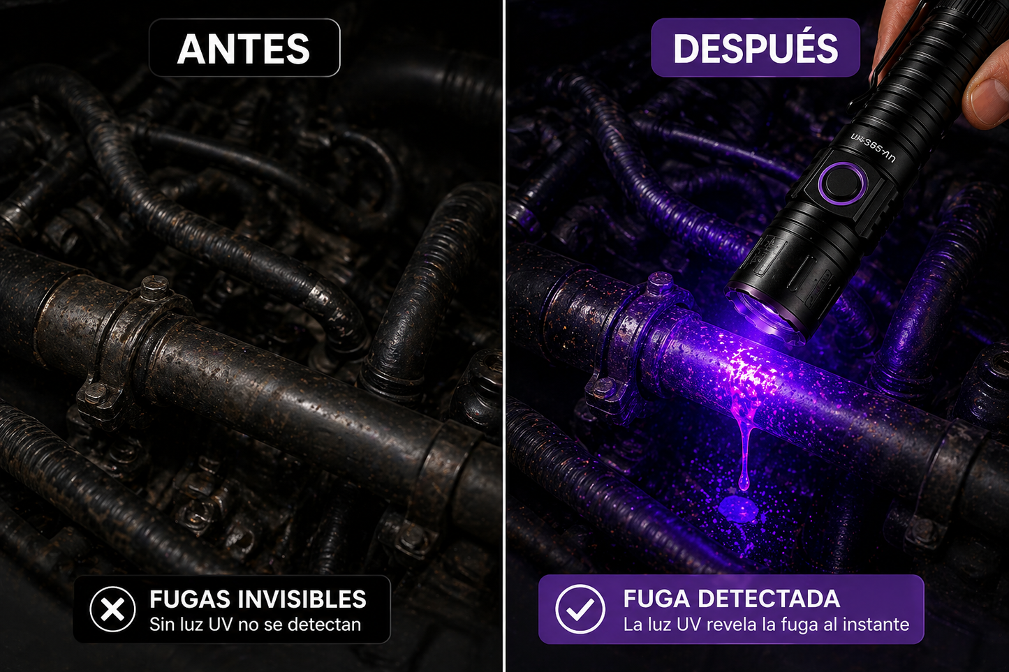 Linterna UV 365nm para detectar fugas invisibles en coche (aceite, refrigerante y A/C)
