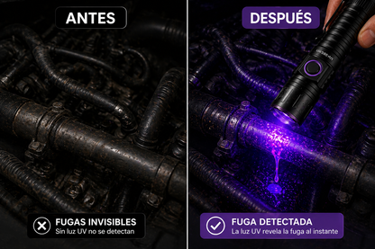 Linterna UV 365nm para detectar fugas invisibles en coche (aceite, refrigerante y A/C)