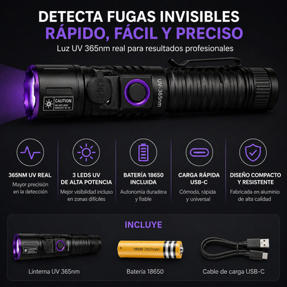 Linterna UV 365nm para detectar fugas invisibles en coche (aceite, refrigerante y A/C)